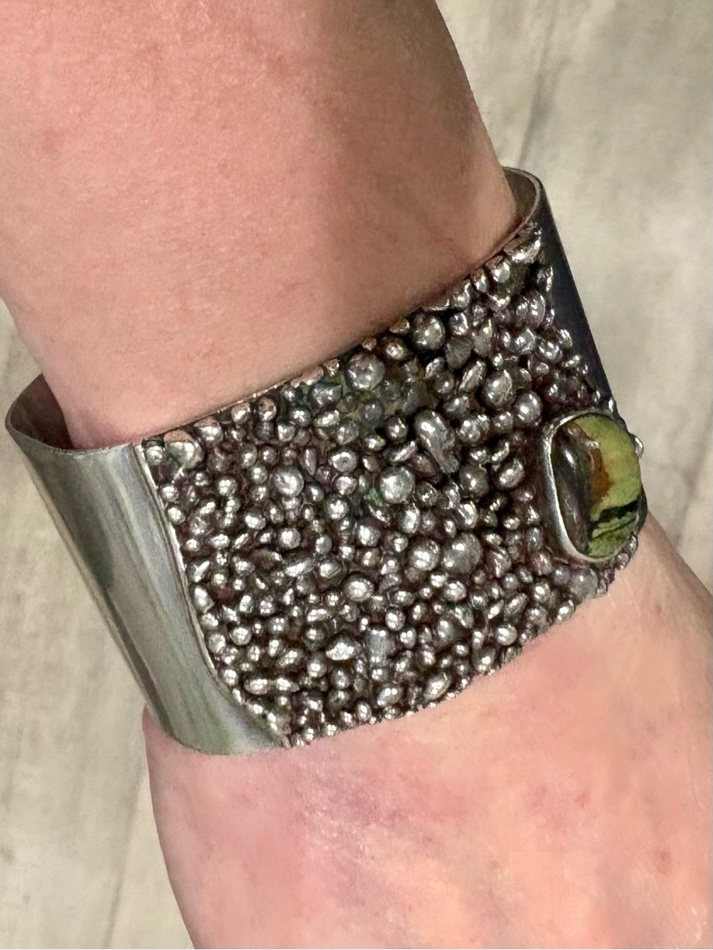 Vintage Sterling Silver Artisan Cuff Bracelet Landscape Jasper 86.91g Wide